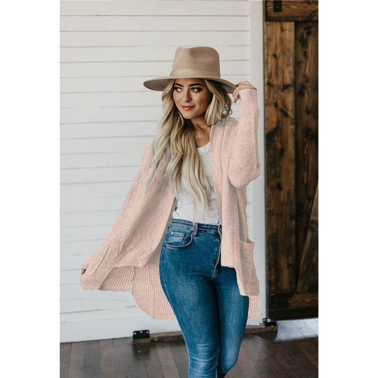 Long Sleeve Multi-color Plus Size Double Bag Cardigan Sweater - Velora