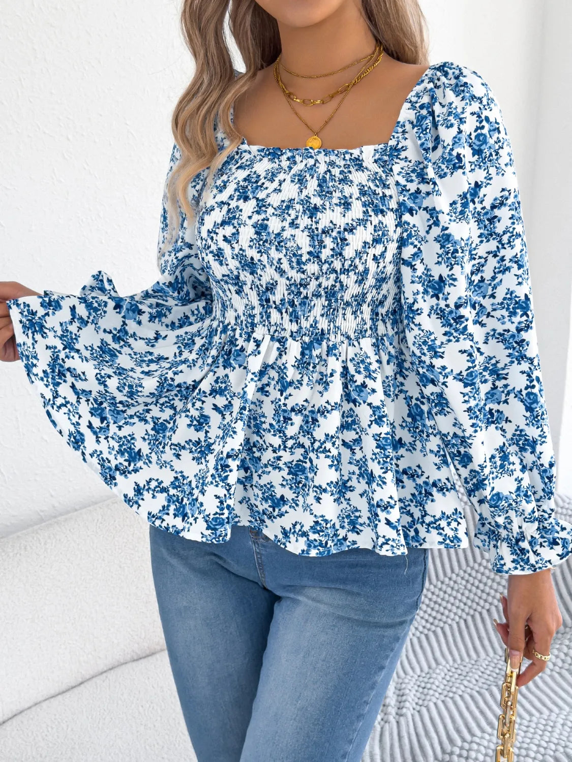 Floral Square Neck Flounce Sleeve Blouse - Velora