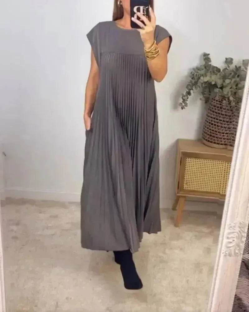 Women Summer Pleated Maxi Dress Casual Short Sleeve Crewneck Flowy Swing Long Dress with Pockets - Velora
