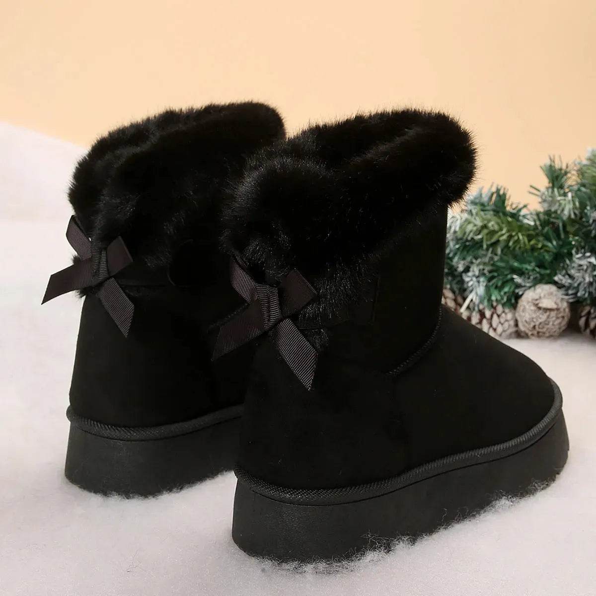New Bow-knot Snow Boots Winter Plus Velvet Warm Thick-soled Ankle Boots For Women Simple Daily Leisure Cotton Shoes - Velora