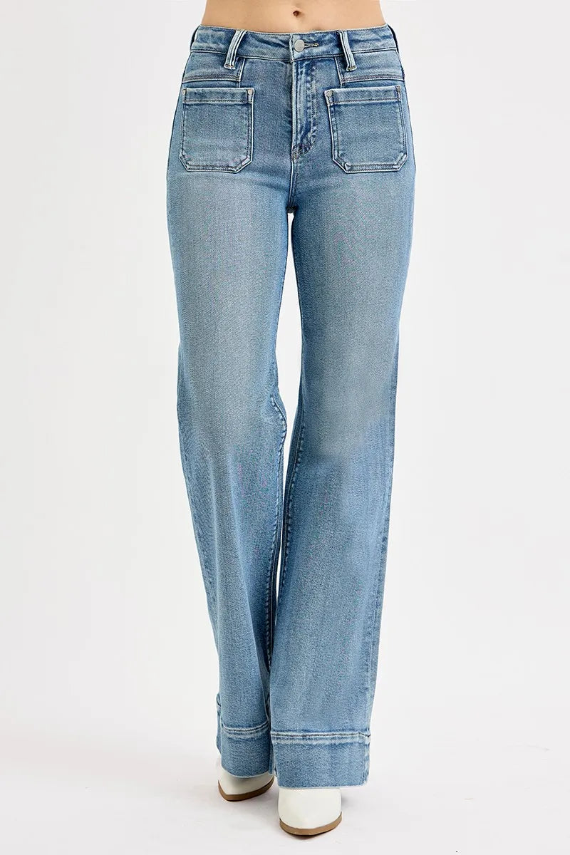 RISEN Full Size High Rise Wide Flare Patch Pocket Jeans Plus Size - Velora
