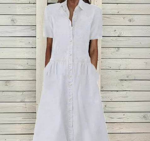 Women's European And American Lapel Casual loose button down Midi Denim jeans Mum Dress - Velora