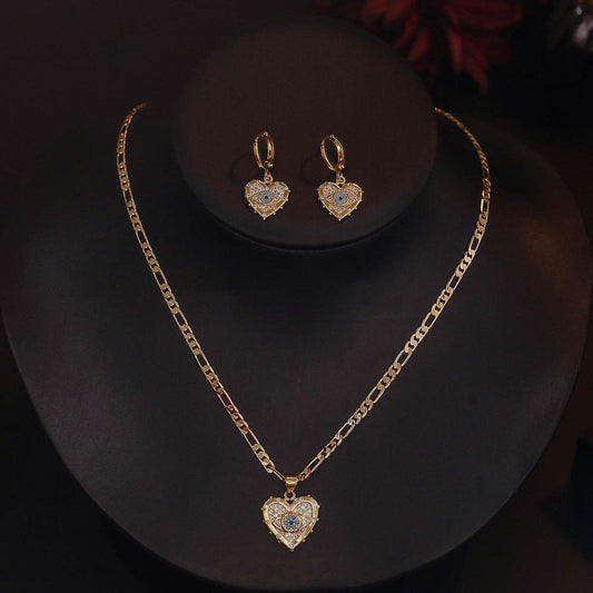 Fashion Jewelry Personality Copper Plated Real Gold Heart-shaped Zircon Pendant Necklace And Earrings Suite - Velora