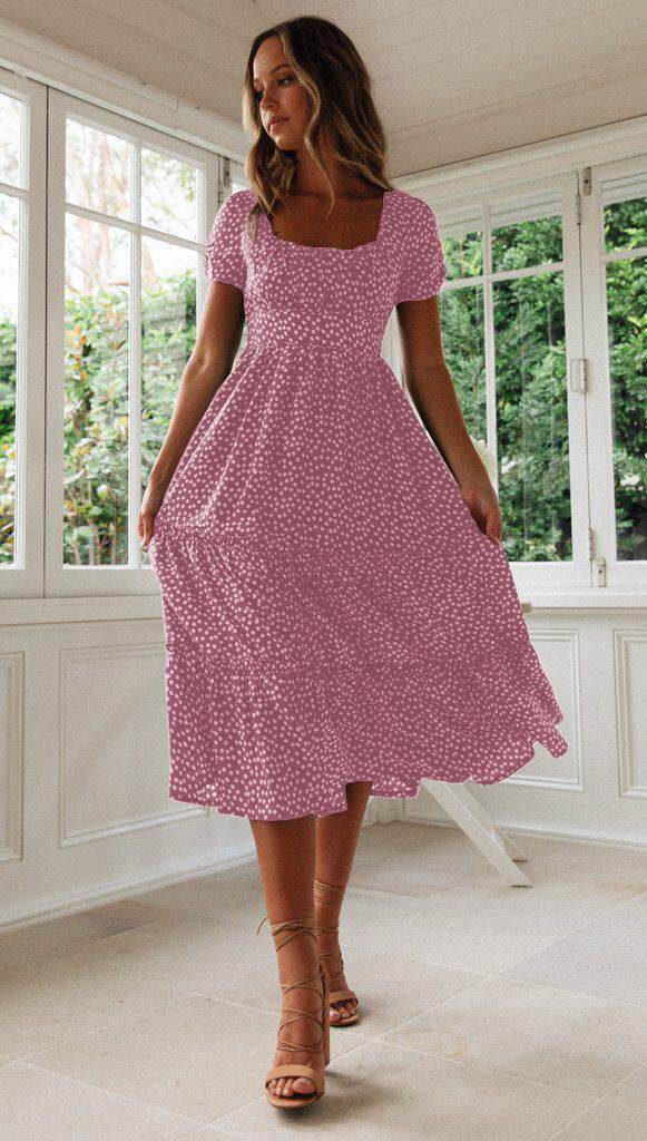 Square Collar Short Sleeve Dress Summer Puff Floral Printed Dress Long Dresses - Velora