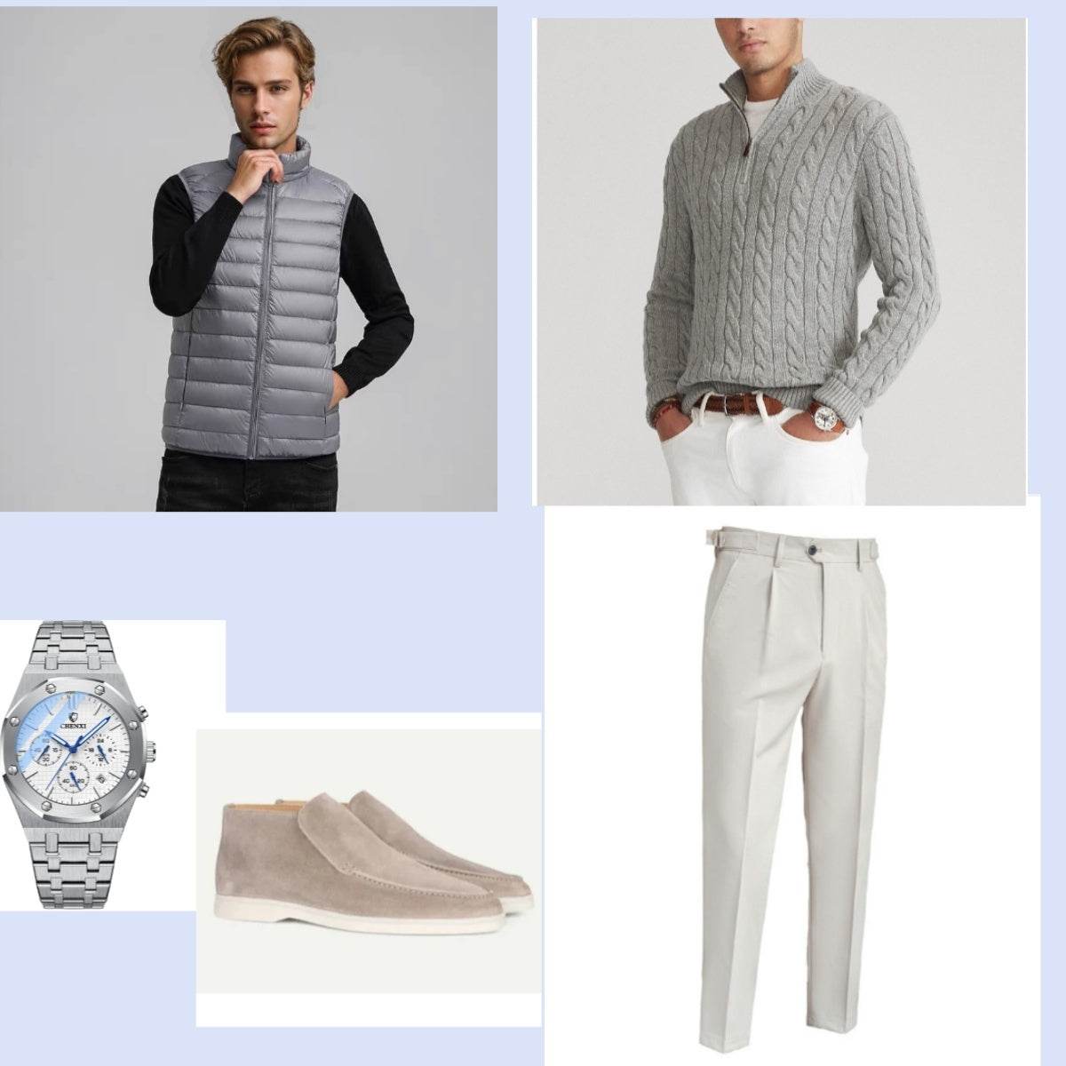 Autumn Dream Gray Suit Knitted Sweater And Light Vest With White Pants - Velora