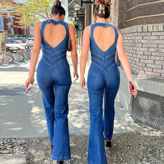 Summer Slim Heart-shape Backless Denim Jumpsuit Women Halter Neck Zip Up High Waist Panst Retro Style Clothing - Velora