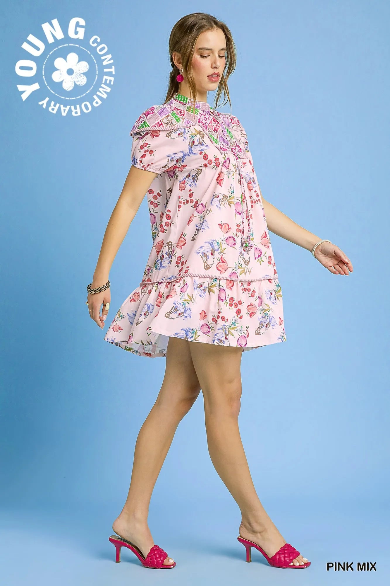 Umgee Floral Print Tie Neck Puff Sleeve Dress - Velora