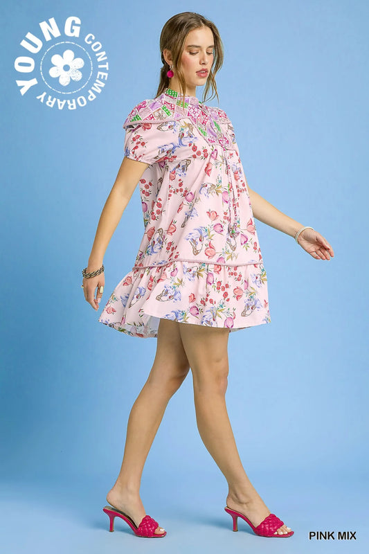 Umgee Floral Print Tie Neck Puff Sleeve Dress - Velora