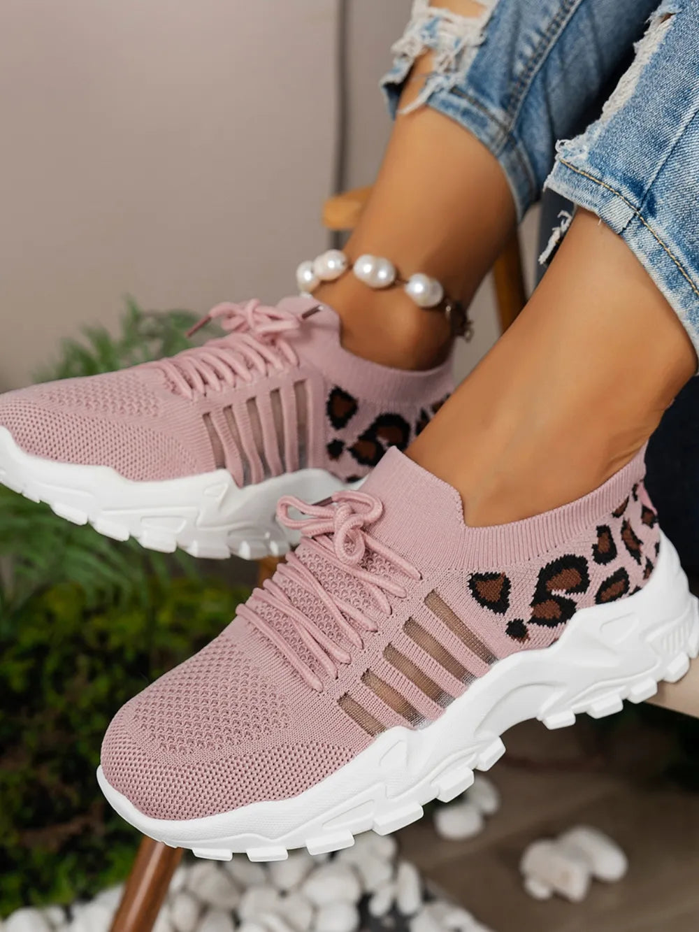 Cutout Leopard Lace Up Mesh Athletic - Velora
