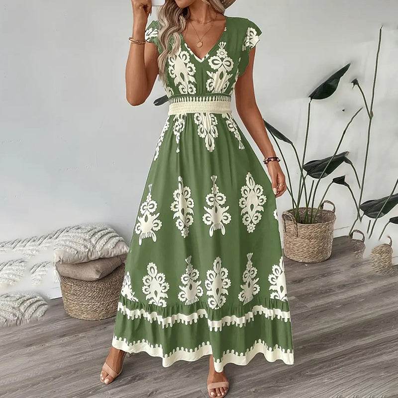 Women's Summer Flowy Maxi Dress Casual Cap Sleeve V Neck Smocked Waist Beach Sundress - Velora