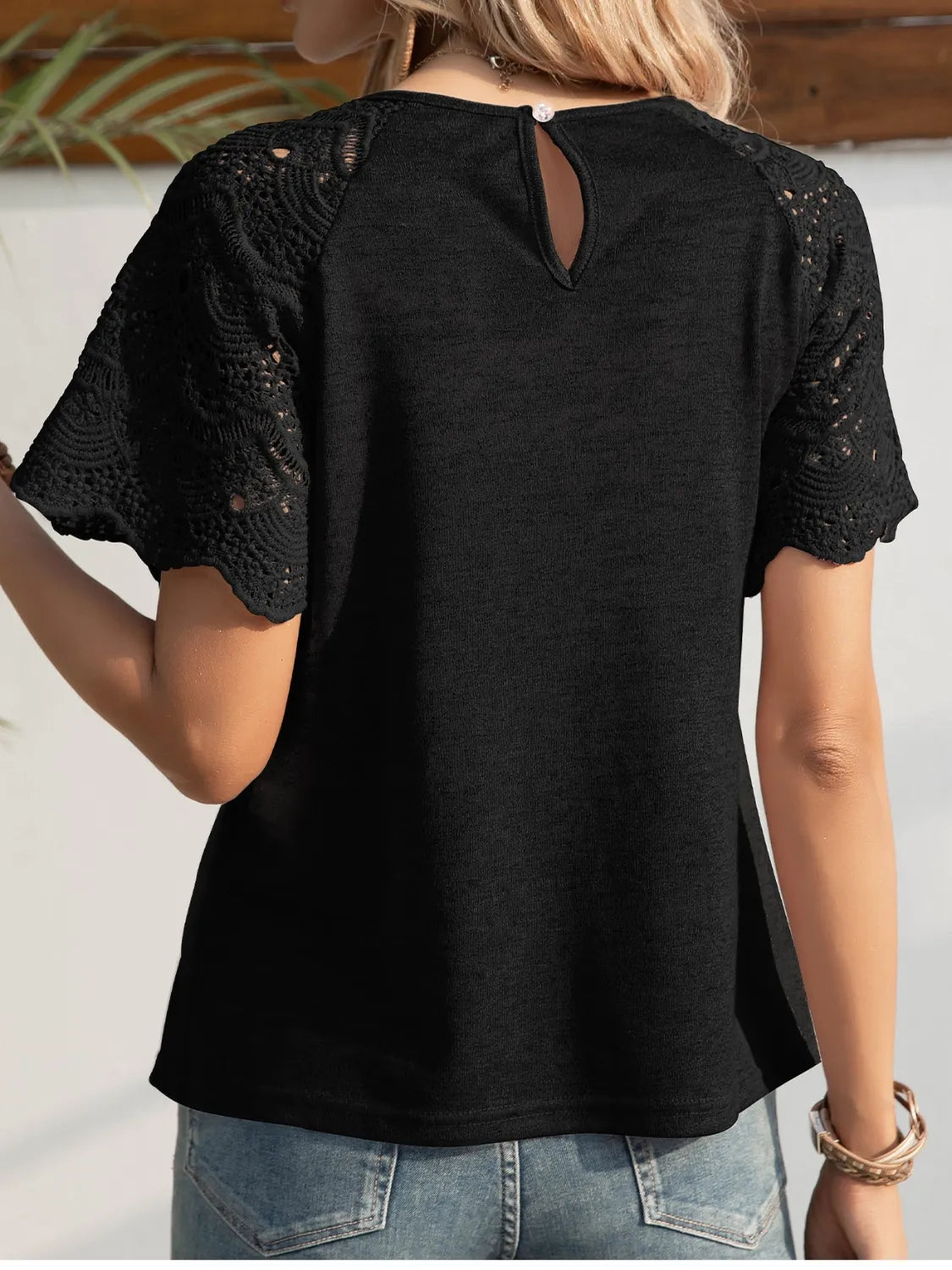 Round Neck Short Sleeve Crochet Top - Velora