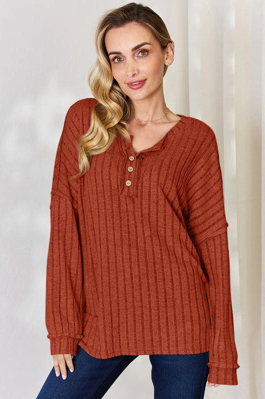 Basic Bae Full Size Ribbed Half Button Long Sleeve T-Shirt - Velora