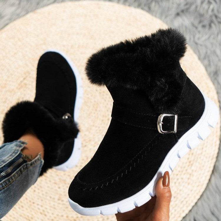 New Snow Boots Winter Warm Thickened Solid Color Plush Ankle Boots With Buckle Design Plus Velvet Flat Shoes For Women - Velora