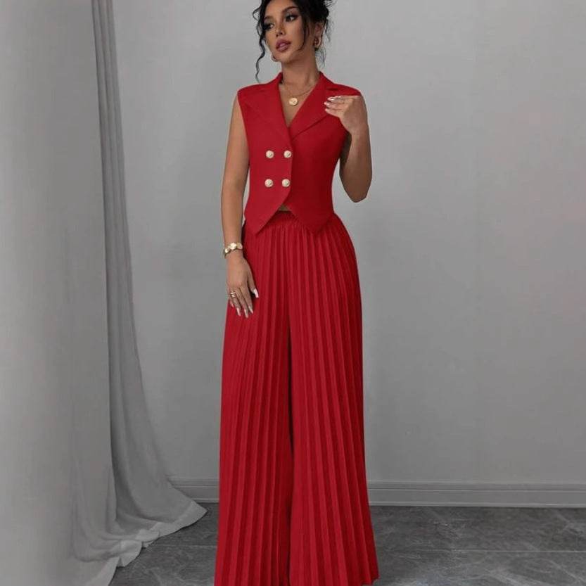 Summer Sleeveless Suit Fashion Lapel Button Vest Top And Pleated Straight Pants Women's Trousers Set Clothing - Velora