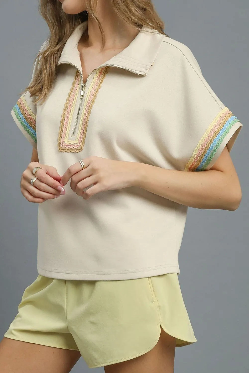 Umgee Contrast Trim Half Zip Collared Blouse - Velora