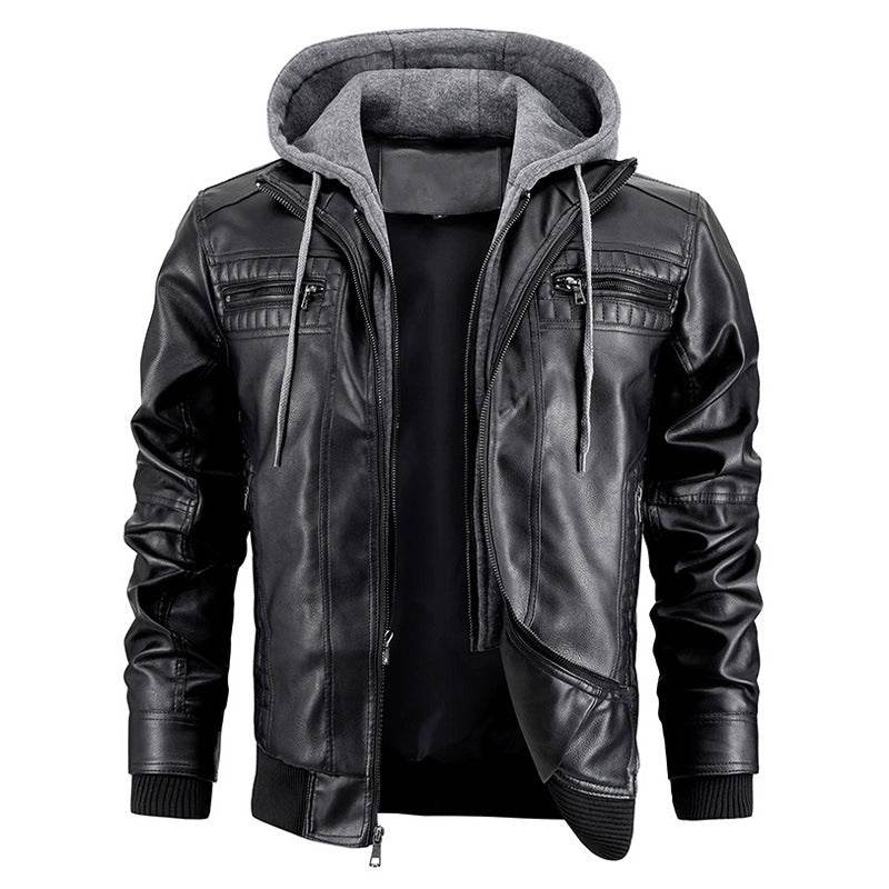 Hooded Jacket With Zipper Pockets Fashion Warm Pu Leather Coat Mens Clothing - Velora