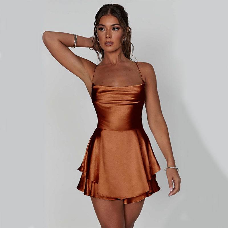 Sexy Suspender Skirt For Women Elegant Slim Strap Satin Backless Lace Up A-Line Short Dress Lady - Velora