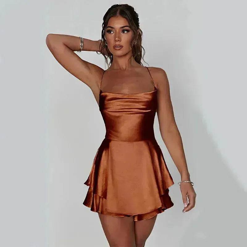 Elegant Chic Skirt Dress For Women Elegant Slim Strap Satin Backless Lace Up Ladies Party Mini Skater Dress - Velora