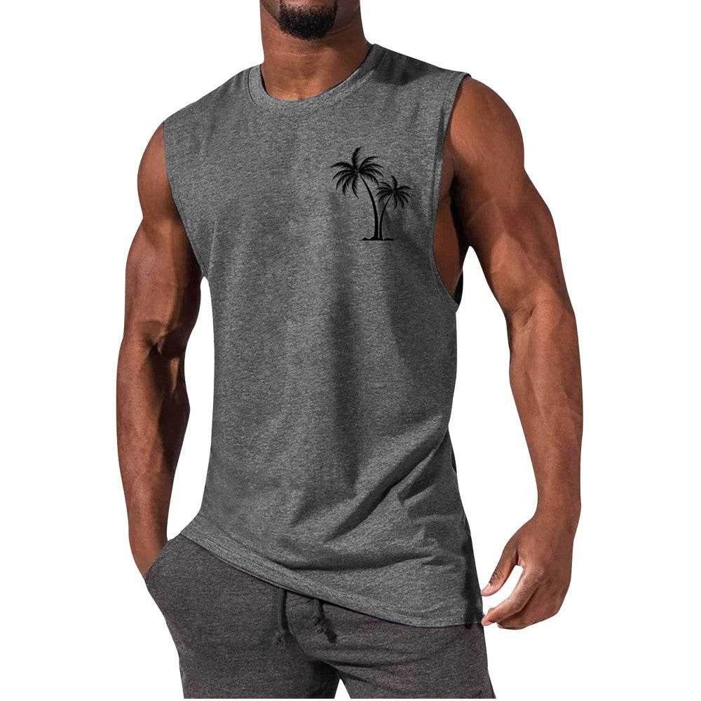 Coconut Tree Embroidery Vest Summer Beach Tank Tops Workout Muscle Men Sports Fitness T-shirt - Velora