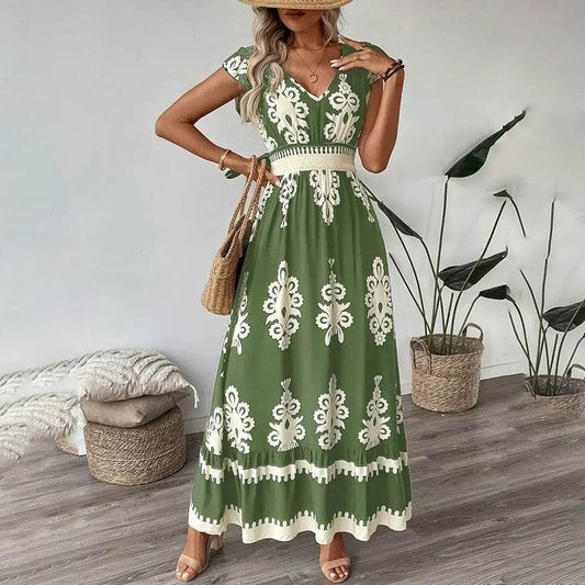 Women's Summer Flowy Maxi Dress Casual Cap Sleeve V Neck Smocked Waist Beach Sundress - Velora