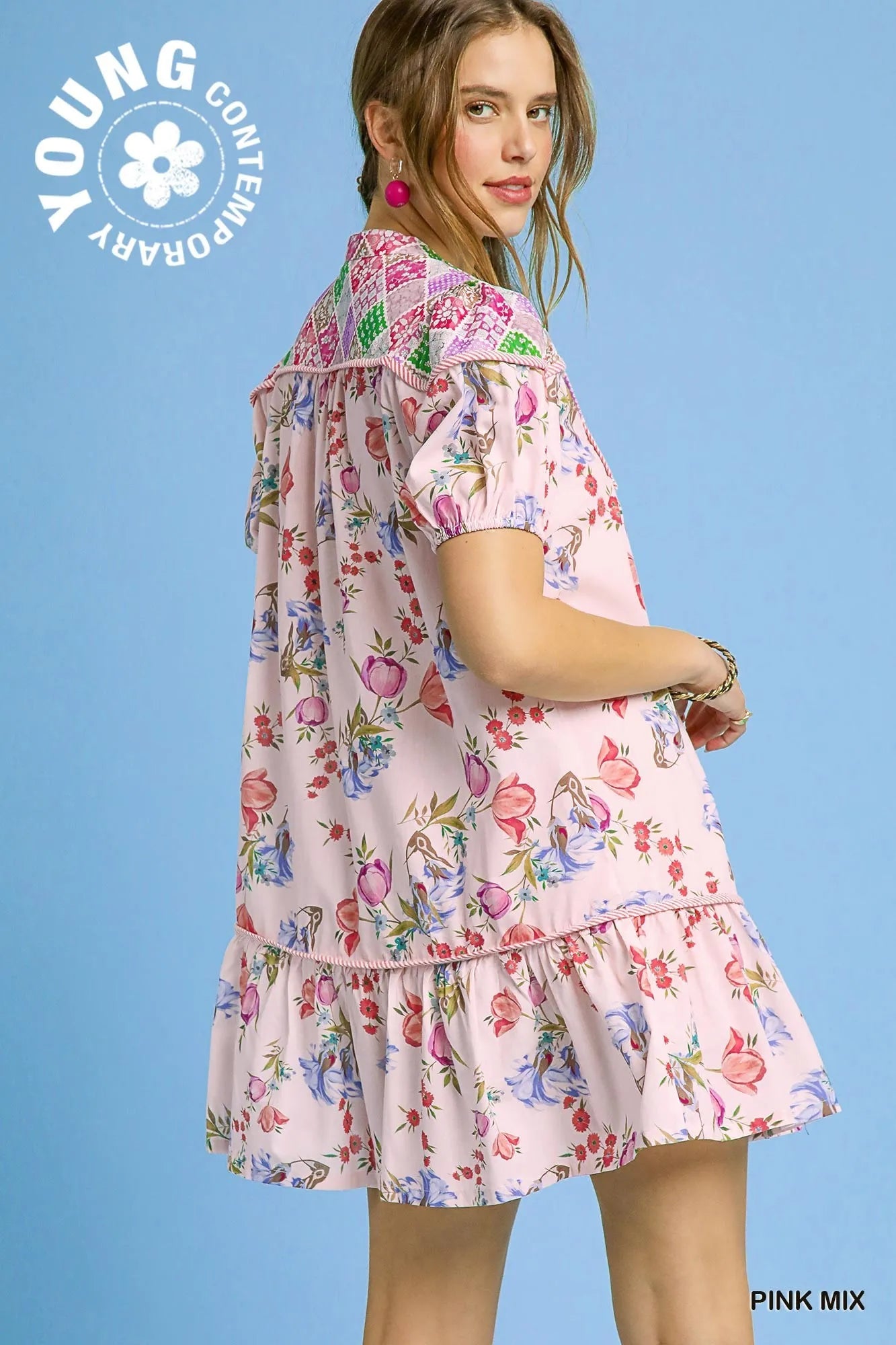 Umgee Floral Print Tie Neck Puff Sleeve Dress - Velora