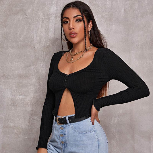 Short Sleeve Cropped Cardigan Top Sexy Button Knitted T Shirt - Velora