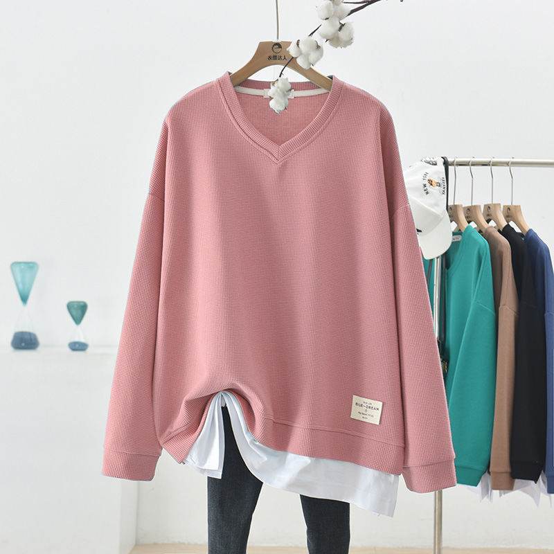 Waffle Stitching False Two-piece Sweaters Women's Autumn Loose Oversized Long Sleeves V-neck - Velora