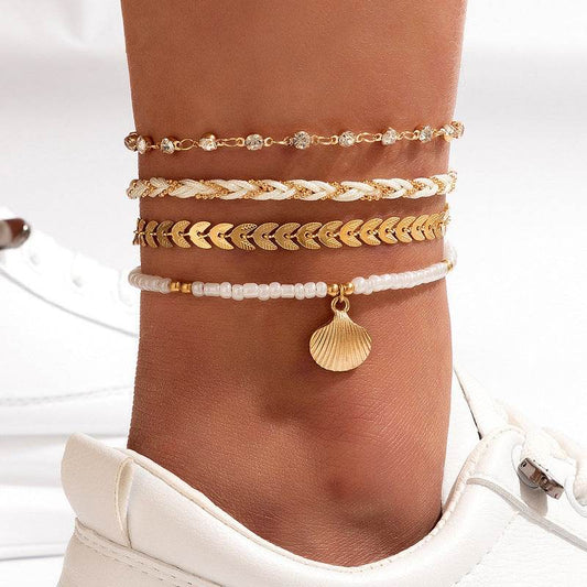 4pcs Set Bohemian Woven Rope Foot Chain For Men And Women Geometric Alloy Black Beads Dropping Oil Anklet Set Summer Fashion Jewelry - Velora