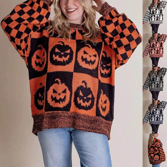Halloween Cartoon Pumpkin Ghost Sweater Winter Loose Pullover Knitted Top Fashion Women's Clothing - Velora