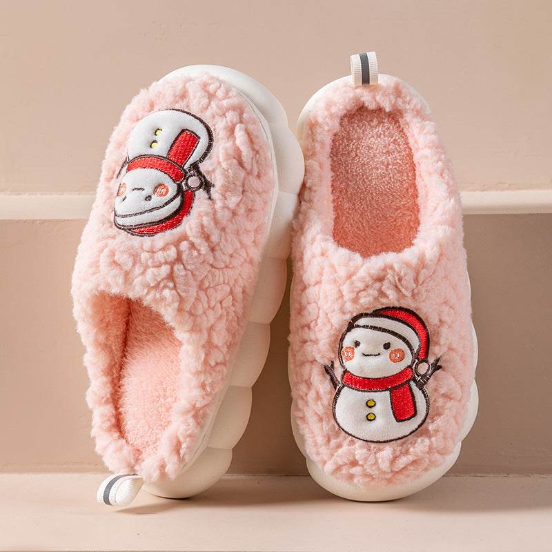 Cute Snowman Slippers Winter Indoor Household Warm Plush Thick-Soled Anti-slip Couple Home Slipper Soft Floor Bedroom House Shoes - Velora