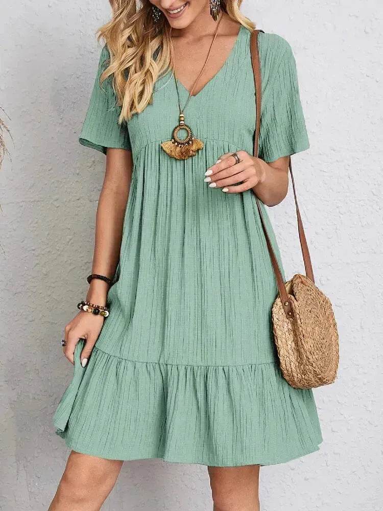Summer Beach V-neck Dresses Women's Loose Casual Short-sleeved Loose Skater Dress for Chic Ladies - Velora