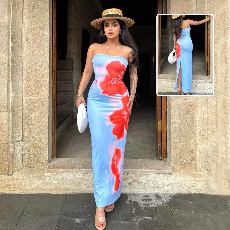 Slim Slit Tube Long Dress Summer Sexy Pint Party Beach Dresses Women's Clothing - Velora