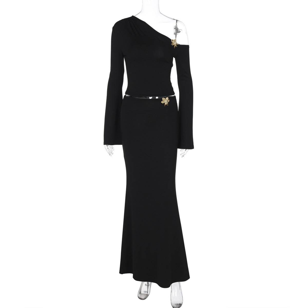 Sexy Slim Oblique Shoulder Skirt Suit With Flower Fashion Bell Sleeve Long Sleeve Top And High Waist Long Skirt Women Clothing - Velora