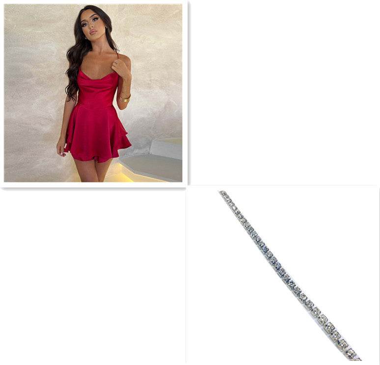 Sexy Suspender Skirt For Women Elegant Slim Strap Satin Backless Lace Up A-Line Short Dress Lady - Velora