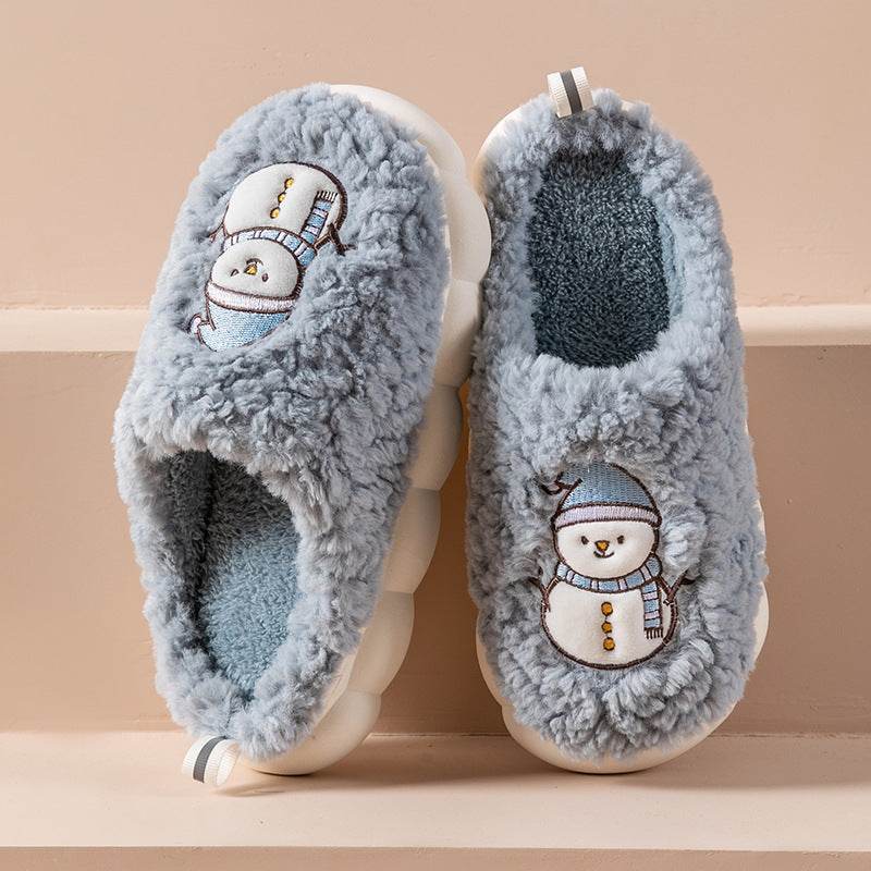 Cute Snowman Slippers Winter Indoor Household Warm Plush Thick-Soled Anti-slip Couple Home Slipper Soft Floor Bedroom House Shoes - Velora
