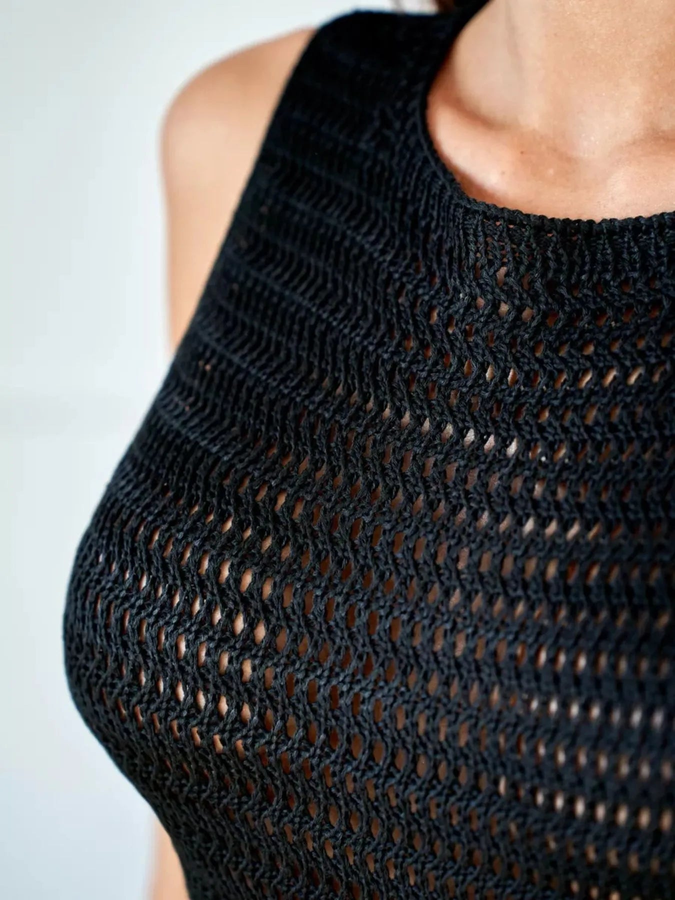 Side Slit Openwork Sleeveless Knit Cover Up Dress - Velora