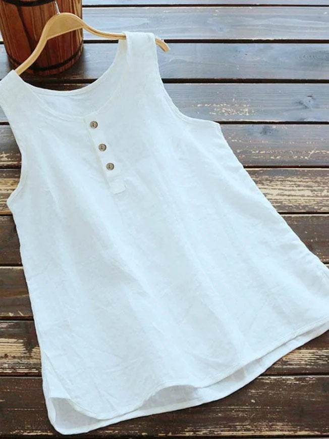 Solid Color Round Neck Loose Casual Vest Cotton Linen summer blouse top for Women - Velora