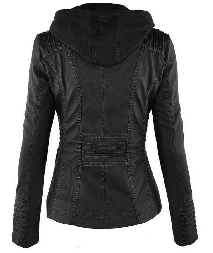Fashion Detachable Hooded Jacket With Pockets Casual Solid Color Zipper Long Sleeve Leather Coat Autumn Winter Women's Clothing - Velora