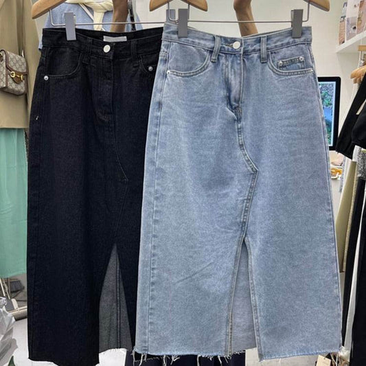 Casual Front Slit Dark Blue and Light Blue Denim Midi Skirt for women - Velora