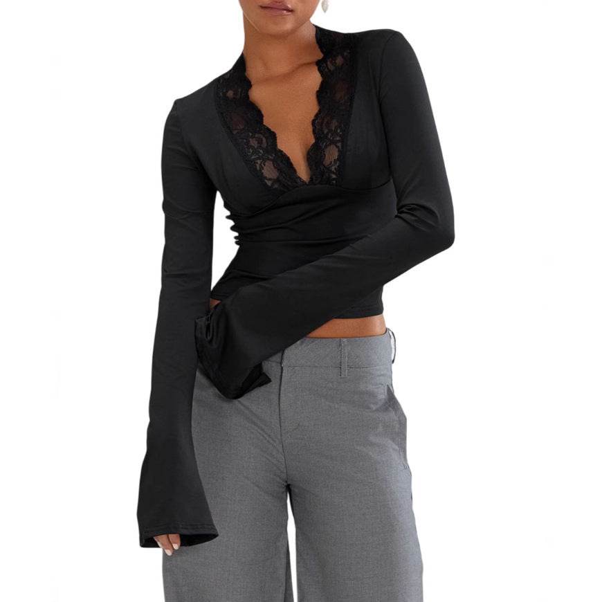Slim V-neck Lace T-Shirt Ins Fashion Trumpet Sleeve Long-sleeved Top Women Clothing - Velora