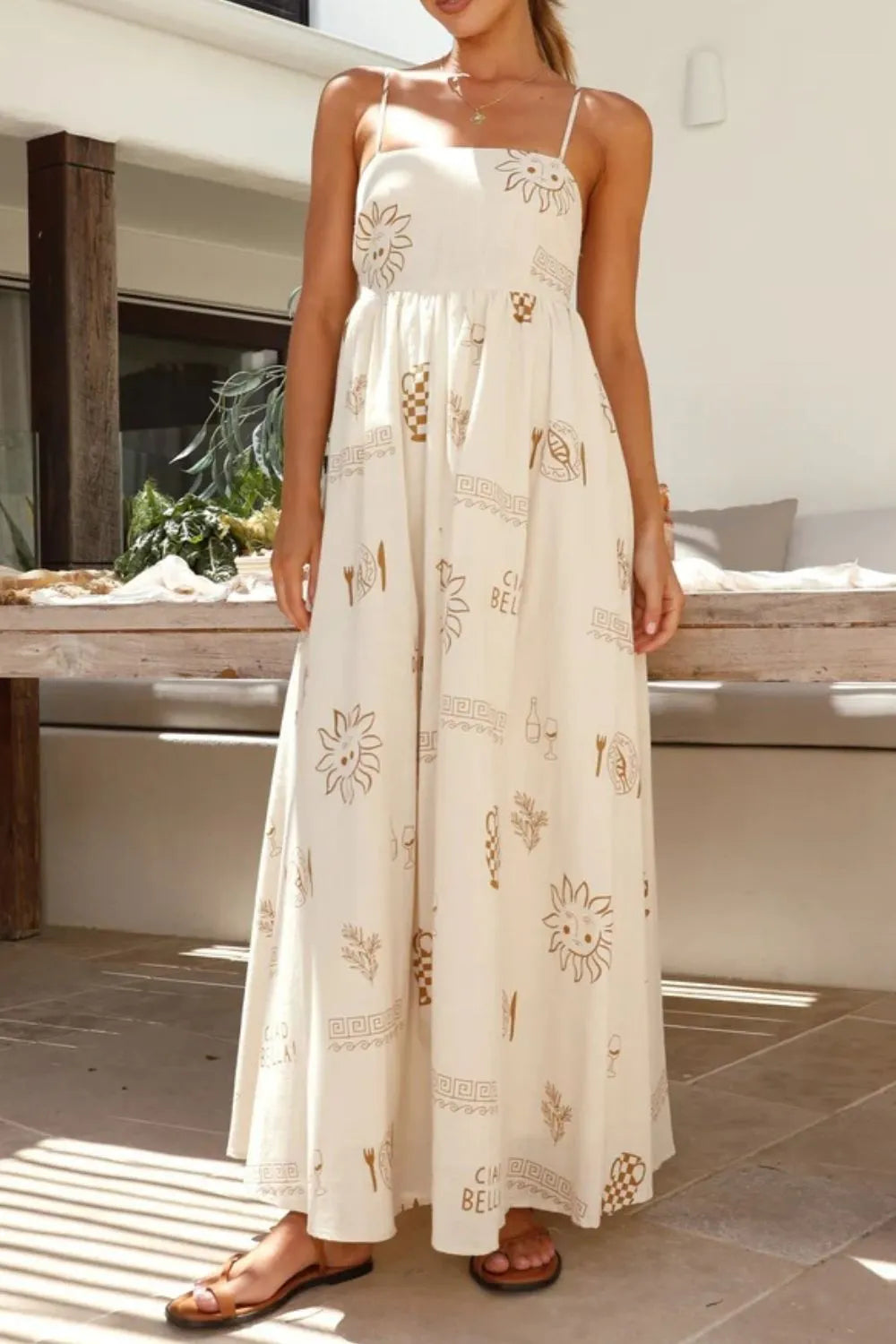 Cutout Back Printed Square Neck Maxi Cami Dress - Velora