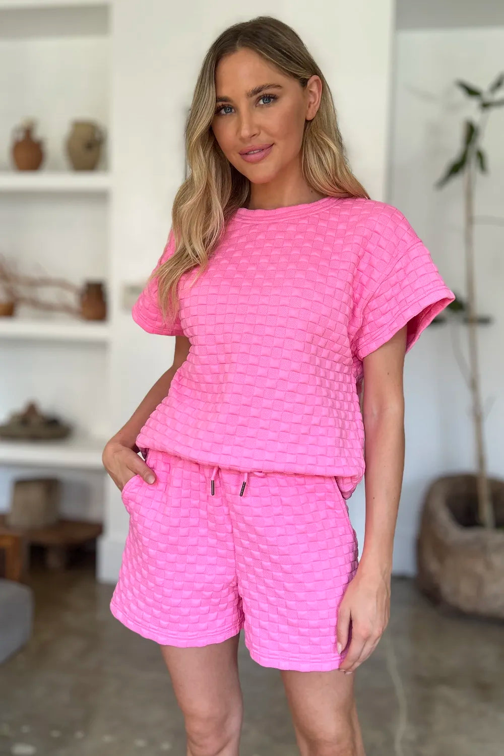 Double Take Full Size Texture T-Shirt and Shorts Set - Velora