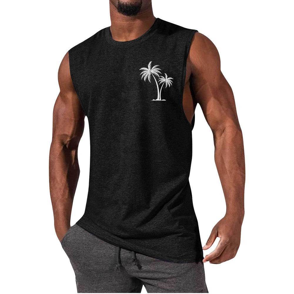 Coconut Tree Embroidery Vest Summer Beach Tank Tops Workout Muscle Men Sports Fitness T-shirt - Velora
