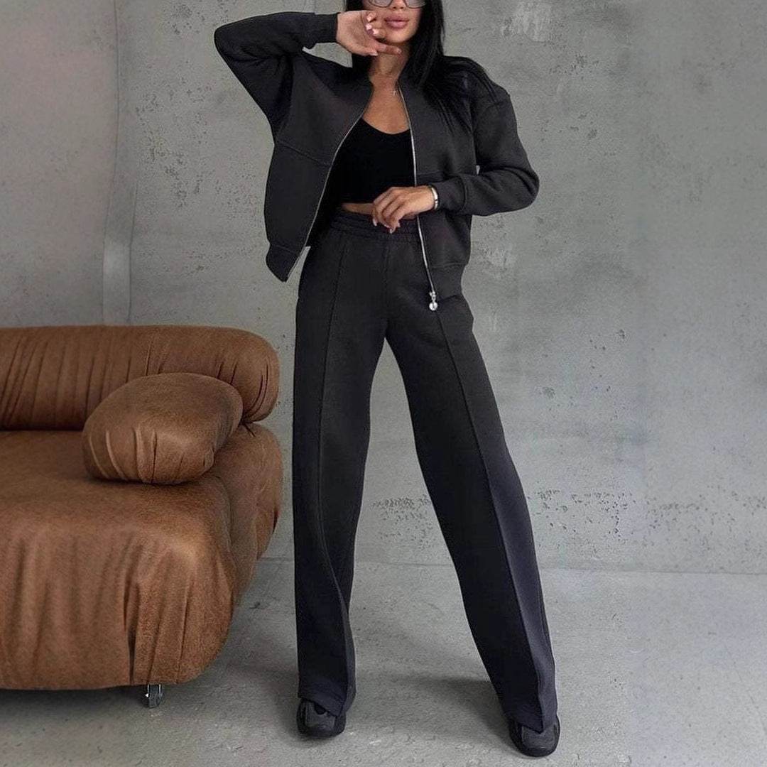Women's Sports Suits Zipper Jacket And Wide Leg Pants Two-piece Set - Velora