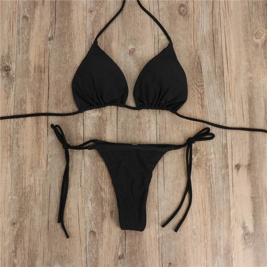 2pcs Halterneck Lace-up Bikini Women Summer Solid Color Sexy Split Strap Adjustable Swimsuit Suit - Velora