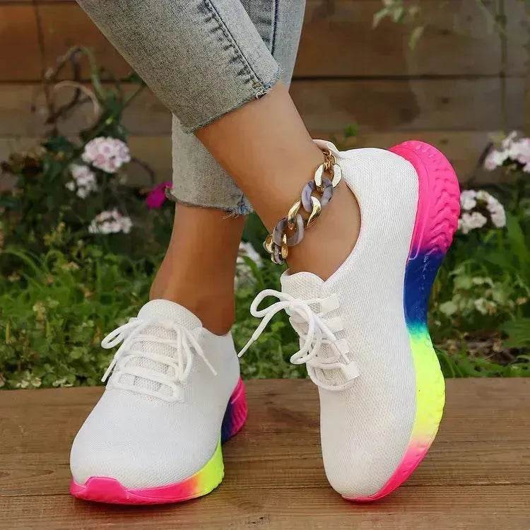 Rainbow sneaker - Lace-up Mesh Shoes With Rainbow Sole Design Fashion Walking Running Sports Shoes Sneakers For Women - Velora
