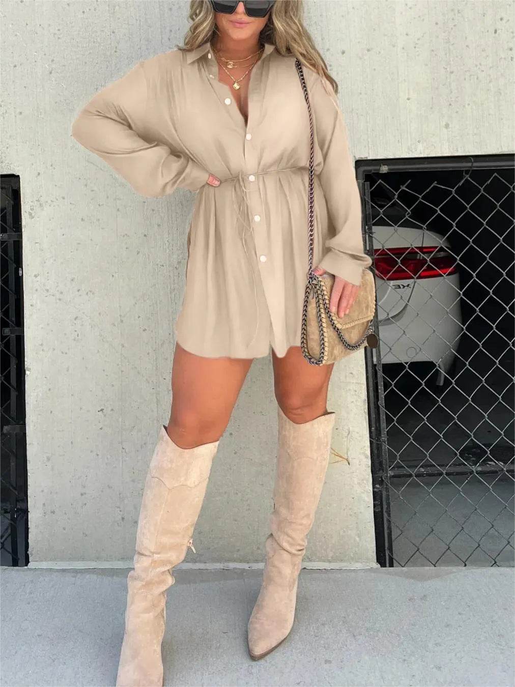 Women's Long Sleeve Jumpsuit With Button Fashion Shirt Dress - Velora