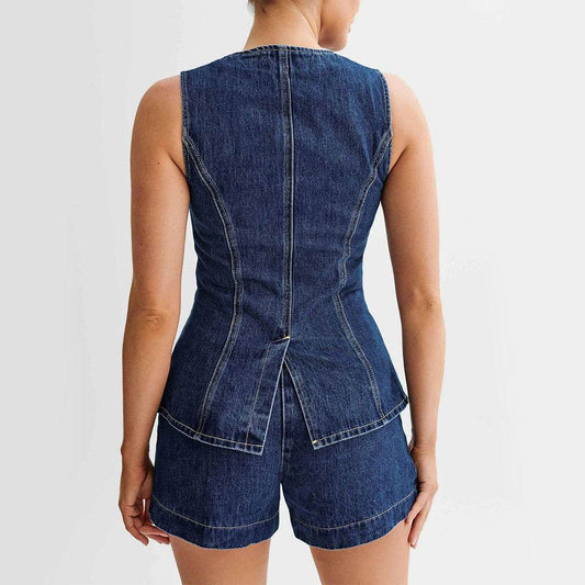 Fashion Denim Suit Summer Casual Sleeveless Button Vest Top And High Waist Shorts Set For Womens Clothing - Velora