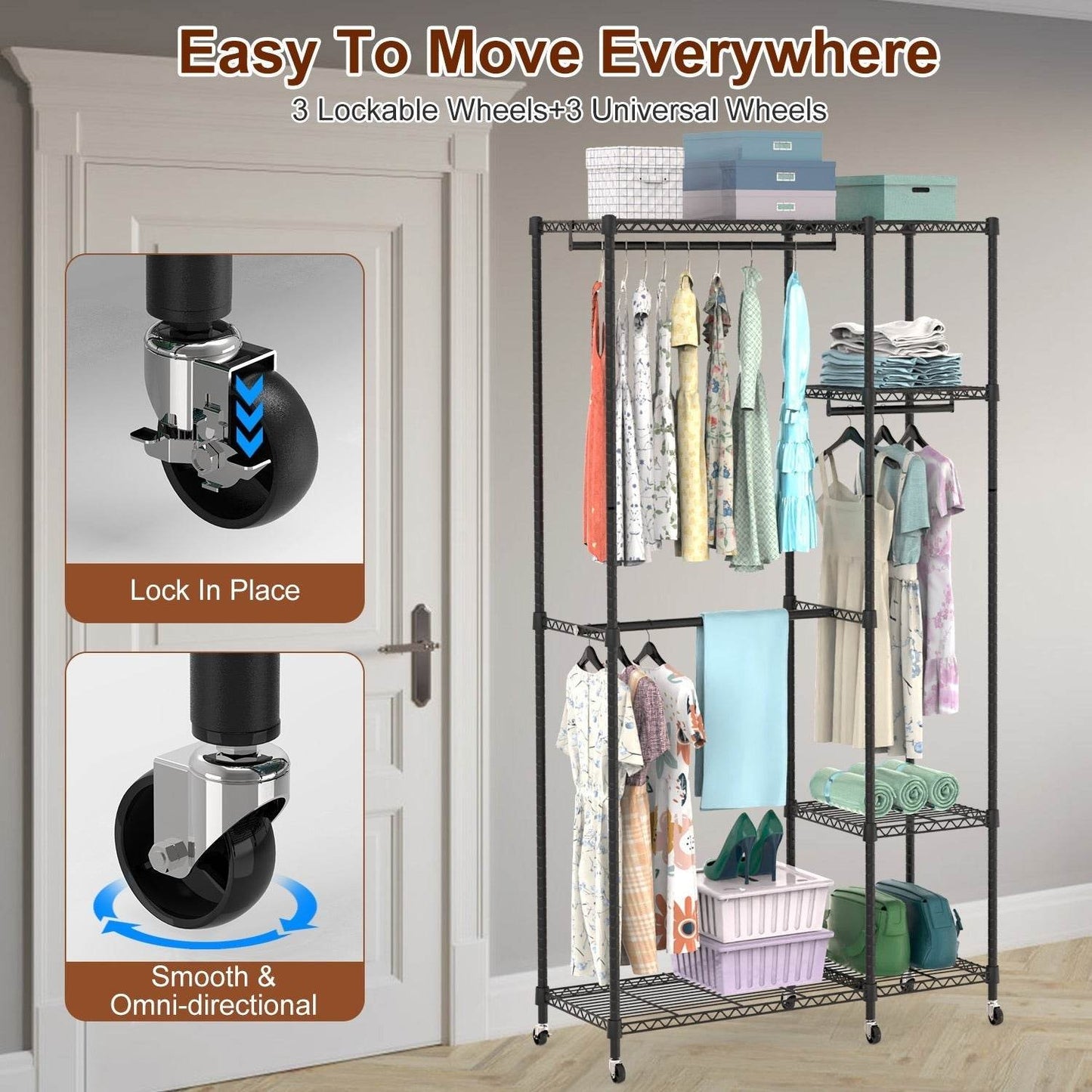 1Pc 4 Tier Heavy Duty Garment Rack With Wheels Carbon Steel Clothing Rack Portable Wardrobe Clothes Rack With 3 Hanging Rods 6 Footrests 44.9x17.13x77.95in - Velora