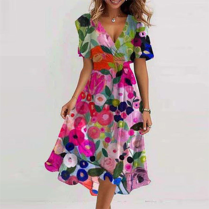 Flowers Printed V-neck Dress Summer A-line Short-sleeved Dresses For Women Velora